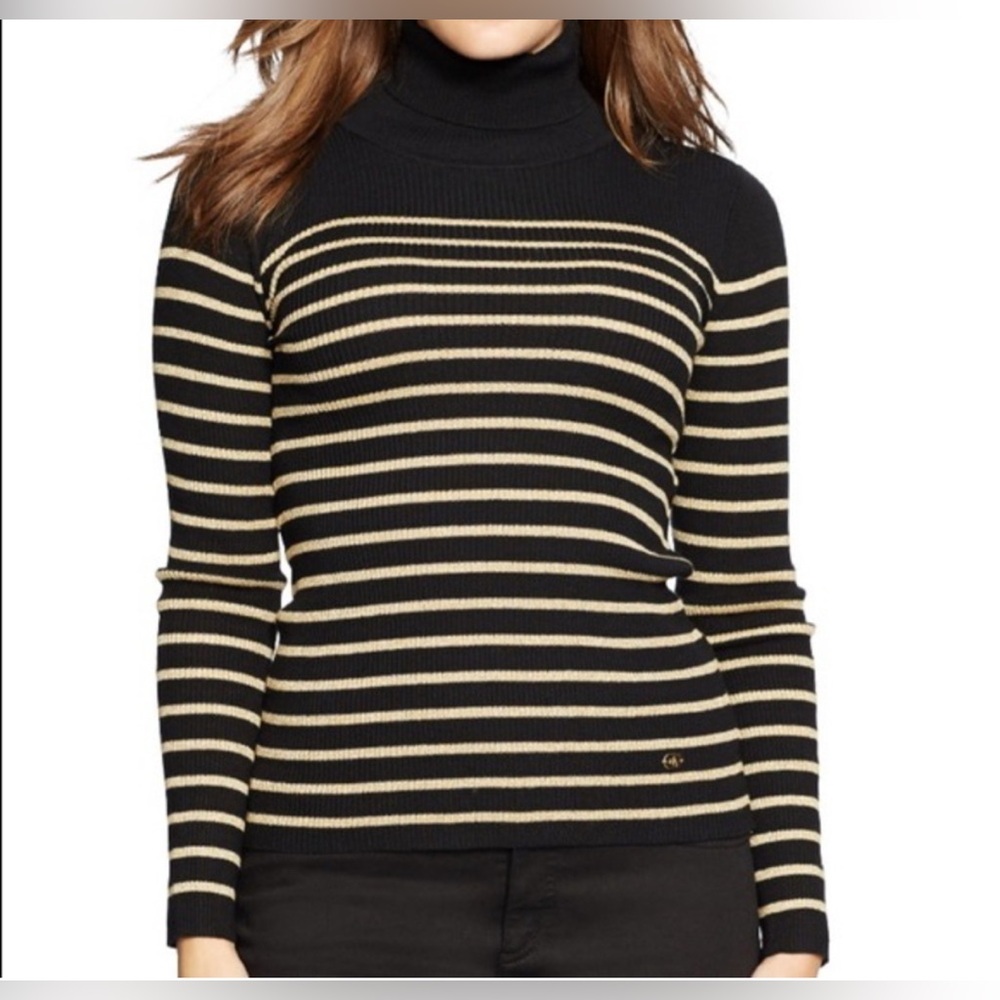 Lauren Ralph Lauren Black Gold Metallic Striped Turtleneck Sweater